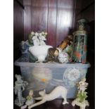 A Victorian Poonah Pattern Bowl, modern porcelain jardiniere, damaged Parian ware putti, platter and