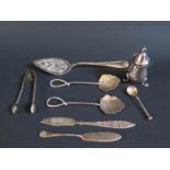 A Pair of engraved Silver sugar Tongs, silver salt spoon, 830 butter knife and plated ware