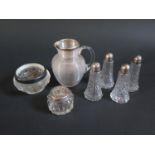 A Victorian Glass and Silver Mounted Jug (London 1892), silver mounted cruets etc.