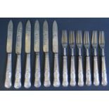 A Set of Six Victorian Silver Fruit Knives and Forks with engraved blades, Sheffield 1897,