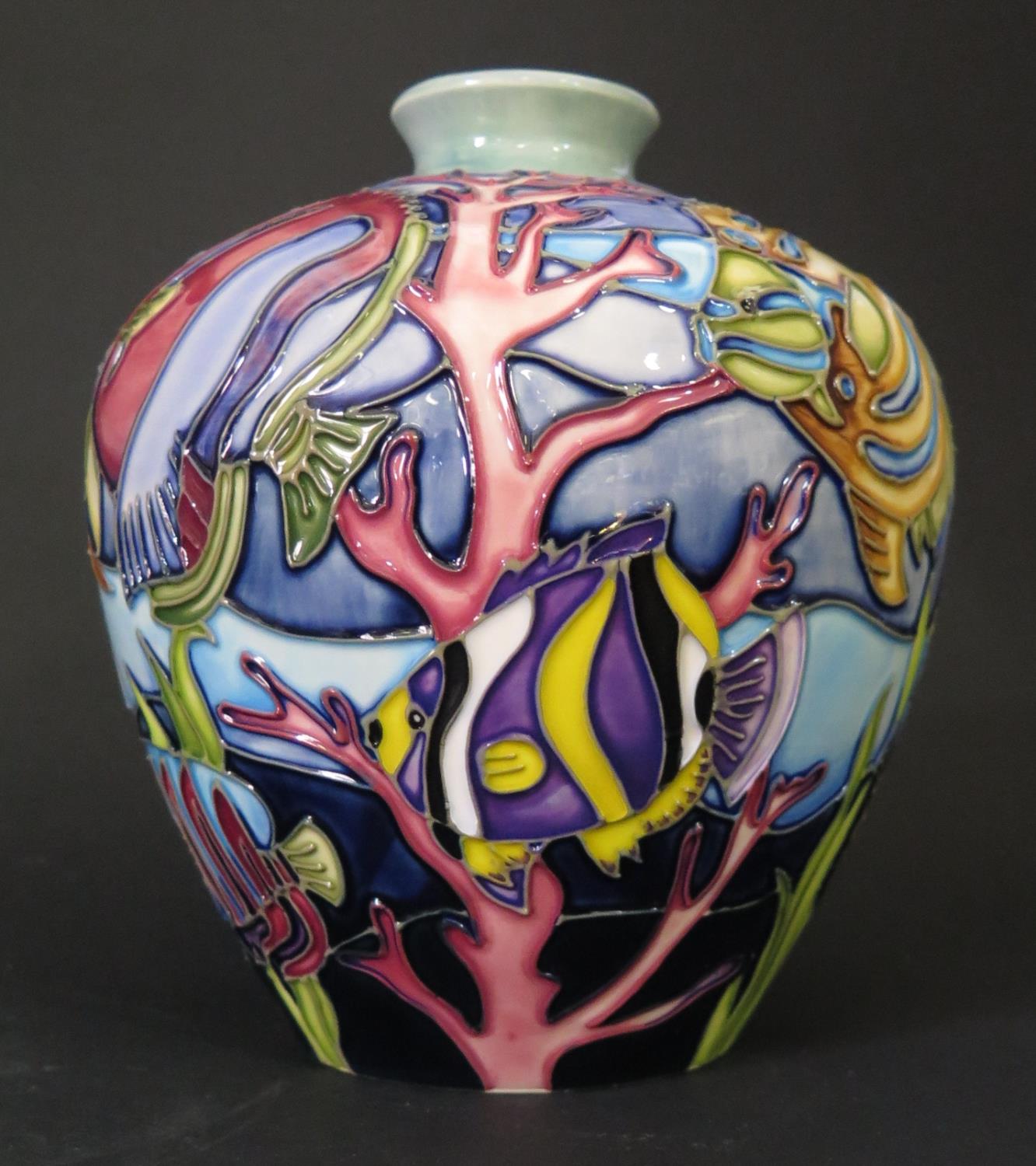 A Modern Moorcroft Martinique Pattern Vase decorated with tropical fish 1997, no.37, 17.5cm, boxed - Image 2 of 3