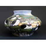 A Modern Moorcroft Puffin Decorated Squat Vase, 11.5cm