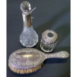A Silver Top Slice Cut Glass Hair Pot, silver top scent bottle and silver backed hand brush