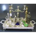 A Selection of Silver Plate including cruets, flatware, tray and pair of brass candlesticks