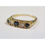 An 18ct Yellow Gold, Sapphire and Diamond Five Stone Ring, size N, 3.2g