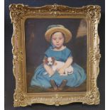 Victorian Portrait of Seated young Girl holding a Terrier, English School, C19th Oil on Canvas, 78 x