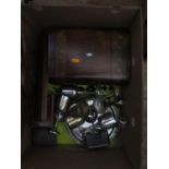 A Box of Oddments including silver plate, Victorian parquetry box etc.