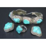 A Chinese Silver Filigree and Turquoise Bracelet with matching earrings and similar ring