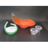 An Translucent, Orange and Opaque Studio Glass Signed Dish 31cm long, pair of Orrefors crystal