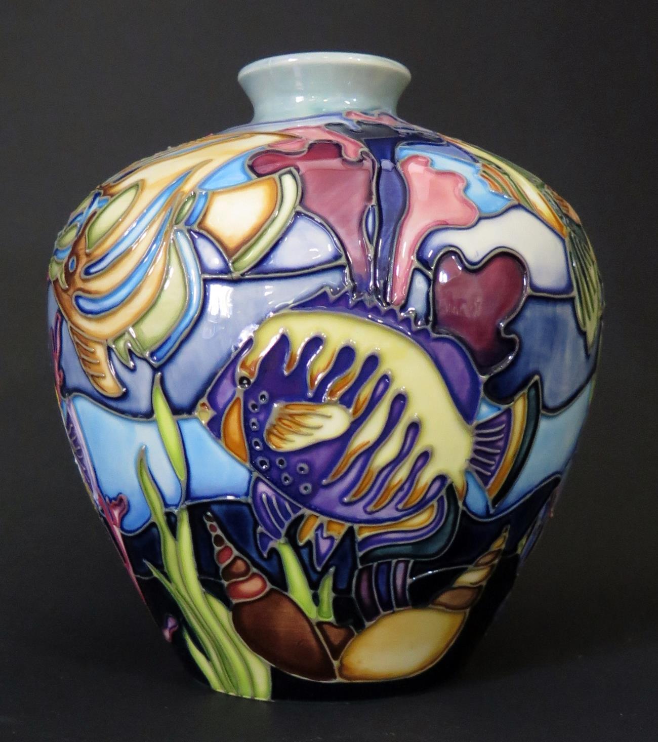A Modern Moorcroft Martinique Pattern Vase decorated with tropical fish 1997, no.37, 17.5cm, boxed
