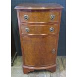 A Burr Walnut Bow Fronted Bedside Cupboard and pedestal wine table