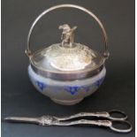 An Electroplated Silver Mounted Glass Bowl with eagle finial and a pair of grape scissors