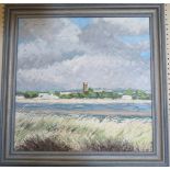 Ted Bryan, Exmouth From Dawlish Warren, oil on board, 49x49cm, framed