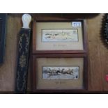 A Pair of Framed Thomas Stevens Silk Embroideries and 19th century mother of pearl handled shaving