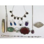 A Selection of Silver Jewellery including black opal pendant earrings, silver pencil and fruit knife