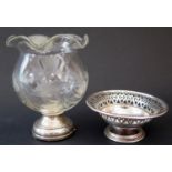 A Modern Pierced Silver Dish (Birmingham 1968) and a glass vase with loaded silver base