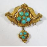 A Victorian 15ct Yellow Gold and Turquoise Set Locket Back Brooch set hair, 34mm, 5.7g