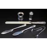 A Pair of Sheffield Silver Butter Knives, sugar tongs, pepper, salt and silver handled ivory page