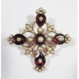A Georgian Garnet and Pearl Brooch in an unmarked gold setting, 49mm, 10g