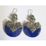A Pair of Art Deco Lapis Lazuli, White Opal and Marcasite Inlaid Pendant Earrings by Janice