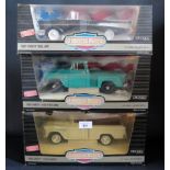 Three Ertl 1:18 Scale Chevrolets: 3100 Stepside, 3100 Cameo and Bel Air in Boxes