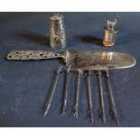 A Peruvian Sterling Silver Cake Slice (handle split) and pepper, white metal bottle stopper and