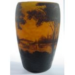 A Muller Fres. Lunéville Cameo Glass Landscape Vase decorated with a wooded lake scene on an
