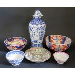 A 19th Century Chinese Blue and White Vase with cover 26cm, Imari bowls, etc. All A/F