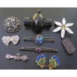A Victorian Jet Brooch, pierced silver floral brooch, other silver jewellery etc.