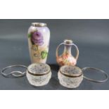 A Pair of Silver Collared Cut Crystal Salts, two vases and two silver bangles