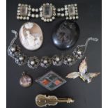A Whitby Jet Mourning Locket (hinge loose), 19th century shell cameo and other costume jewellery