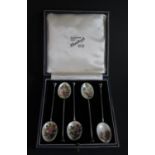 A Set of Five Birmingham Silver and Floral Enamel Coffee Spoons, HCD, 49g