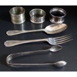 A George V Silver Christening Spoon and Fork London 1924 D.F, three silver napkin rings and pair