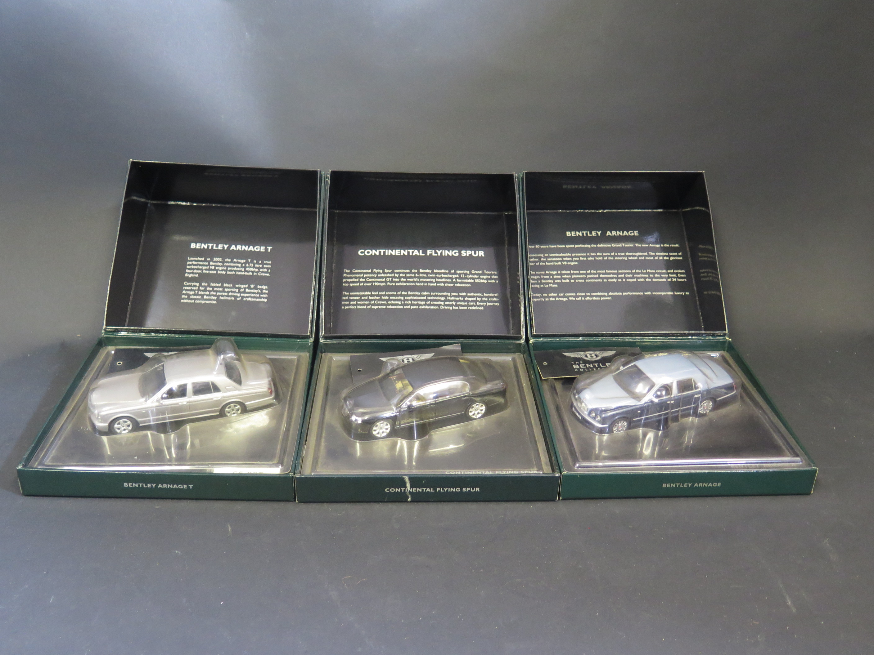 Three Minichamps 1:43 Scale Bentleys. Continental Flying Spur, Arnage and Arnage T. Appear mint in