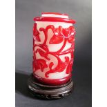 A Chinese Peking Glass Vase with red overlay foliate decoration, incised mark to base, 12cm high and