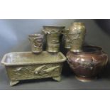 A Japanese Bronze Jardinière, one other jardinière and various vases
