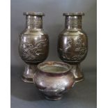 A Pair of Japanese Bronze vases decorated with cockerels and storks, signed to the base, 30.5cm
