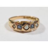 A Victorian Yellow Gold, Sapphire and Pearl Ring, size M, 2.6g