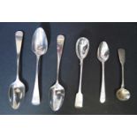 A Selection of Odd Georgian and later Silver Flatware including two Victorian Exeter silver salt /