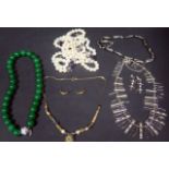 A 14ct Gold Necklace with bead mounts (11g), pair of 9ct gold earrings (1.3g) and costume