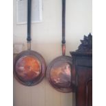 Two 19th Century Copper Bed Warming Pans, brass fire dogs, companions and wall lamp etc.