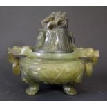 A Chinese Carved Jadeite Koro, 17cm wide x 14.5cm wide