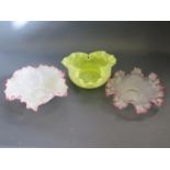 Three Frilly Edged Glass Bowls,, largest 21cm. Yellow A/F