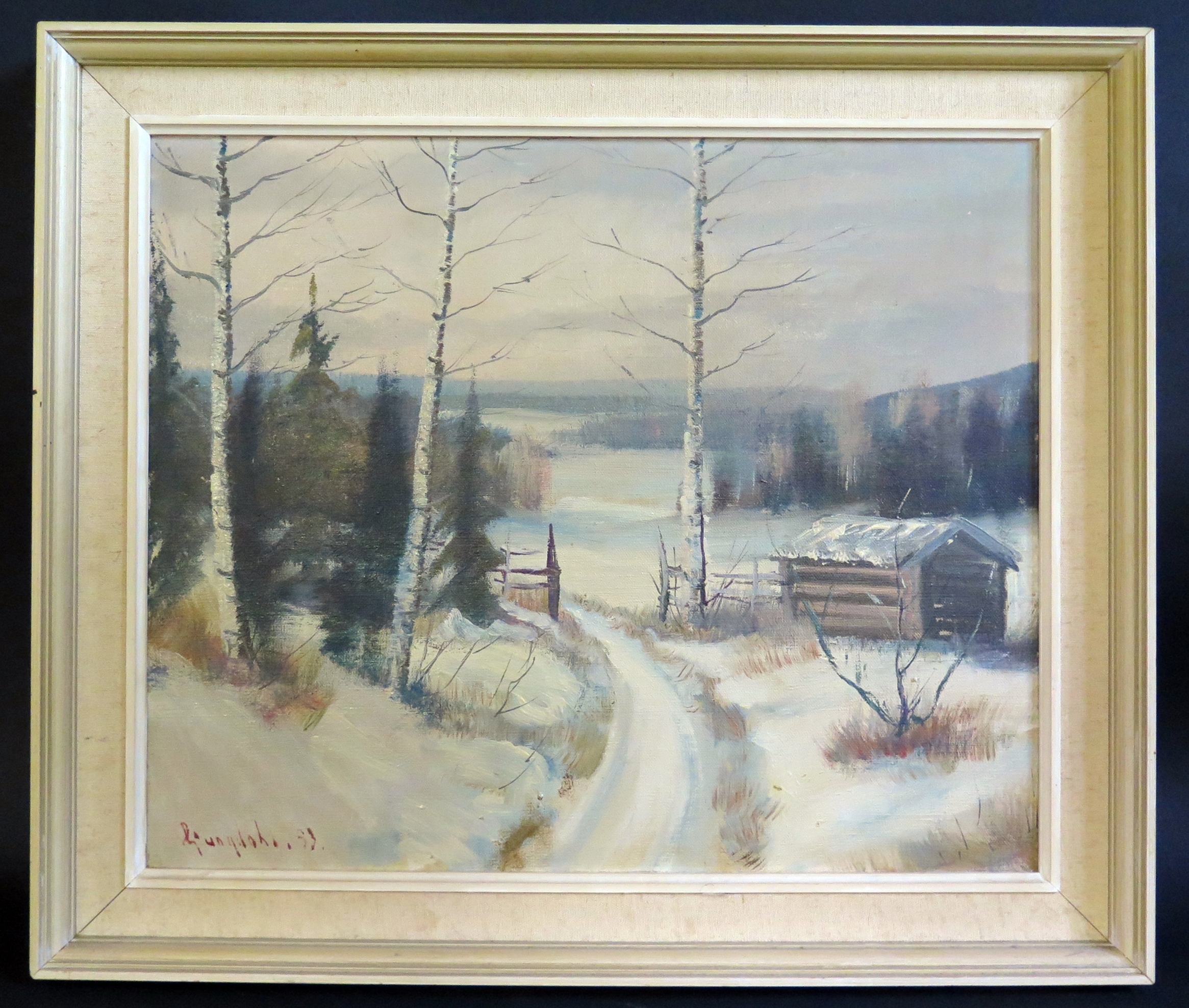 Snowy Landscape Scene, signed Scandinavian oil dated 1953, oil on canvas, 45x37cm, framed