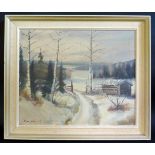 Snowy Landscape Scene, signed Scandinavian oil dated 1953, oil on canvas, 45x37cm, framed