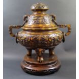 A Massive Chinese Archaic Style Gold Splash Bronze Koro, seal mark to base, 36cm wide x 31.5cm