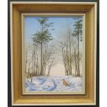 Geoffrey Campbell Black, British, b.1925, Fox on a snowy trail, Oil on canvas, 43 x 33cm, wood and
