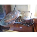 Two 19th Century Copper Kettles, frying pan, meat hooks and brass paraffin lamp base