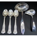 A George V Silver Mint Sauce Ladle, Sheffield 1932, TS, 35g, three other silver teaspoons 92g and