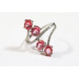 A Modern 9K White Gold, Pink Sapphire and Diamond dress Ring, 22mm spread, size N, 3g